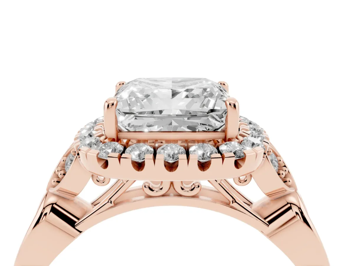 Princess Cut Halo Diamond Engagement Ring with Vintage-Inspired Band and Four-Prong Setting Rose gold