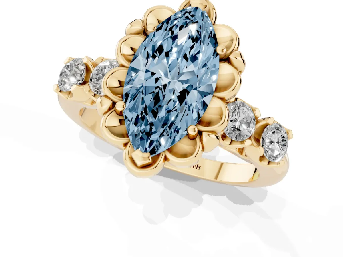 Fancy Blue Marquise Cut Cut Diamond Floral Halo Engagement Ring with Shared Prong Setting Yellow gold