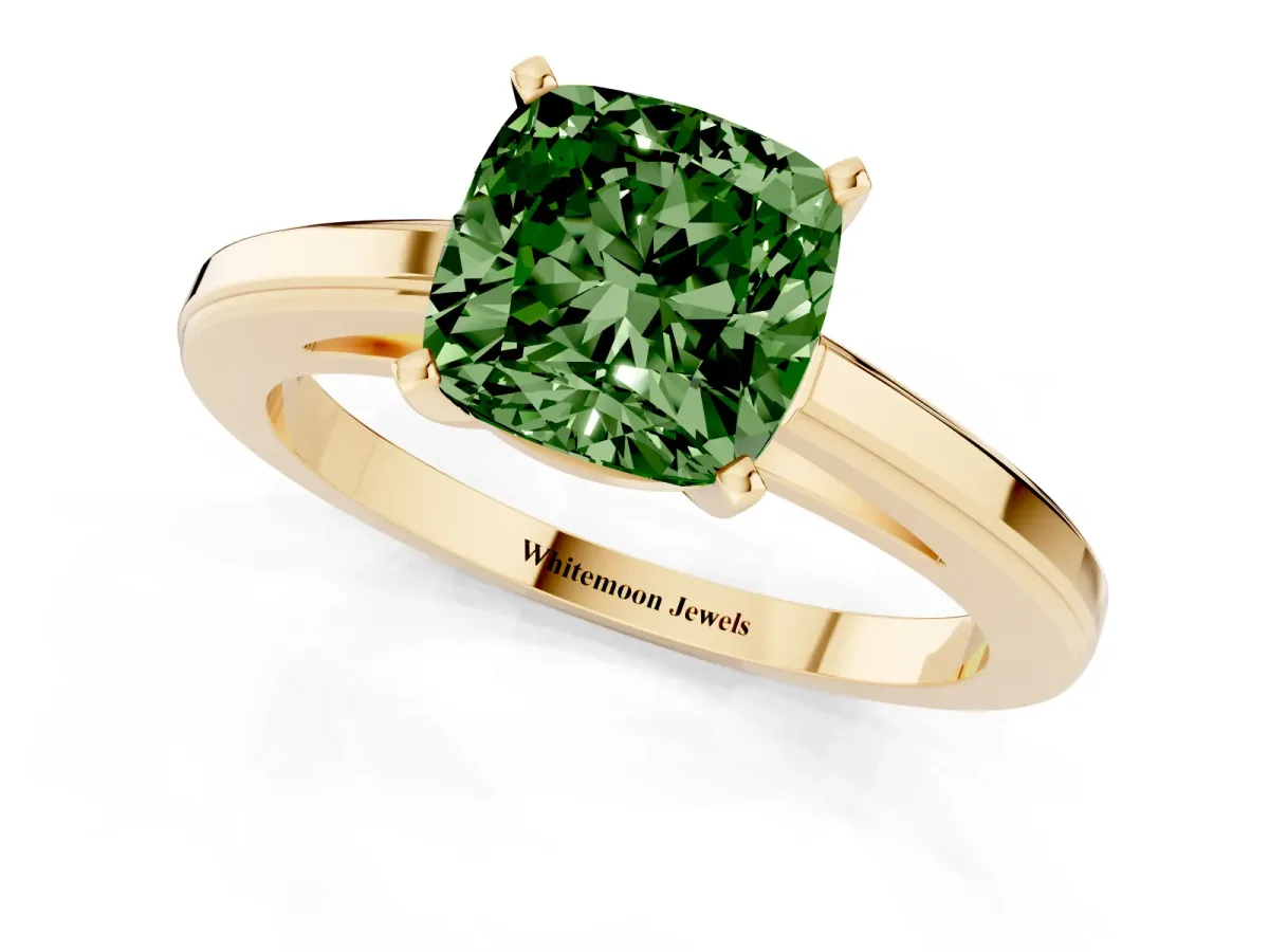 Fancy Green Cushion Cut Solitaire Diamond Ring with Four-Prong Setting and Classic Band Yellow gold
