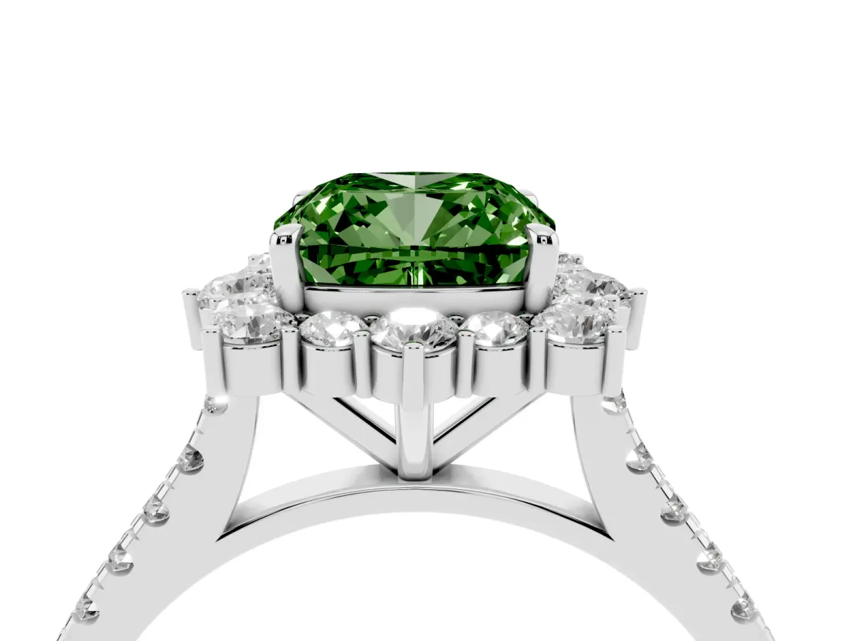 Fancy Green Cushion Cut Halo Diamond Ring with Pavé Band and Prong Setting Silver