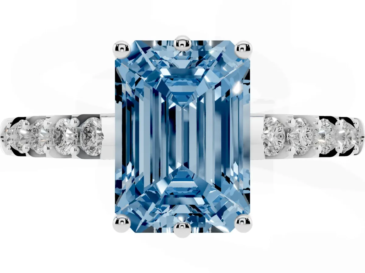 Fancy Blue Emerald Cut Solitaire Diamond Engagement Ring with Pavé Band and Six-Prong Setting Silver