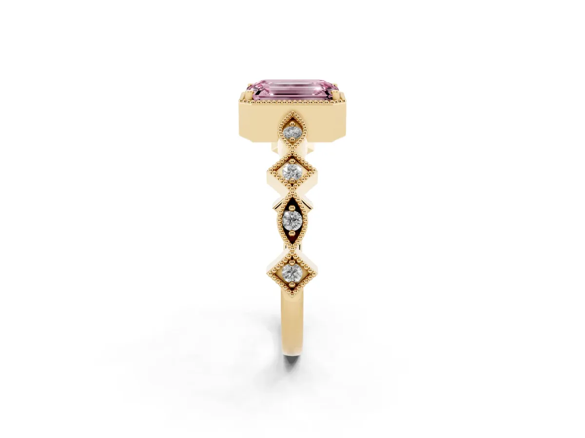 Fancy Pink Emerald Cut Milgrain Marquise Diamond Twist Band Ring Yellow gold