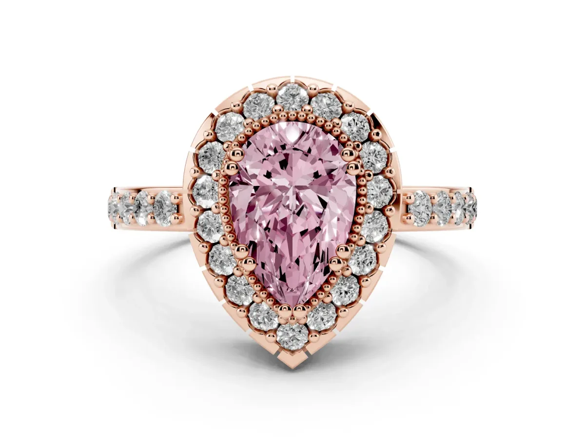 Fancy Pink Pear Cut Diamond Halo Ring with Pavé Band and Prong Setting Rose gold