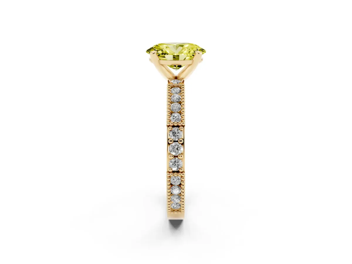 Fancy Yellow Oval Cut Solitaire with Pavé Band and Four-Prong Setting Yellow gold