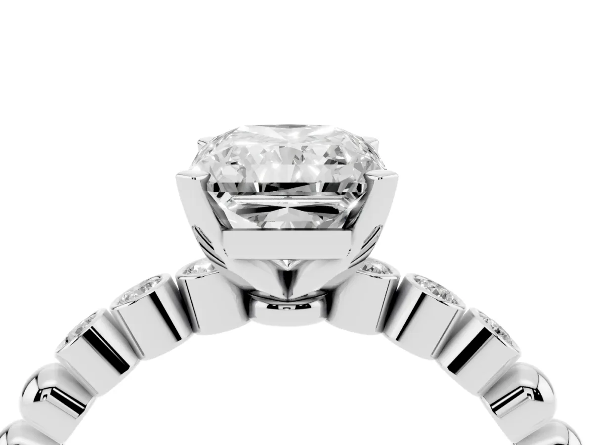 Radiant Cut Solitaire Bezel Accent Diamond Engagement Ring with Beaded Band and Four-Prong Setting Silver