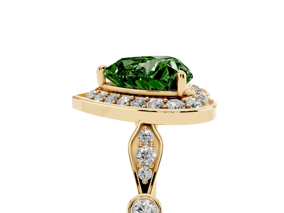 Fancy Green Heart Cut Halo Diamond Engagement Ring with Twisted Band and Four-Prong Setting Yellow gold