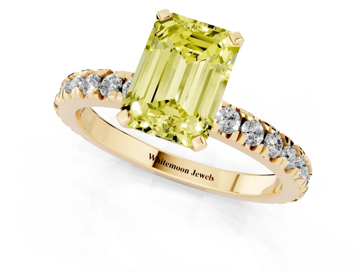 Fancy Yellow Emerald Cut Diamond Pavé Band Solitaire with Four-Prong Setting Yellow gold