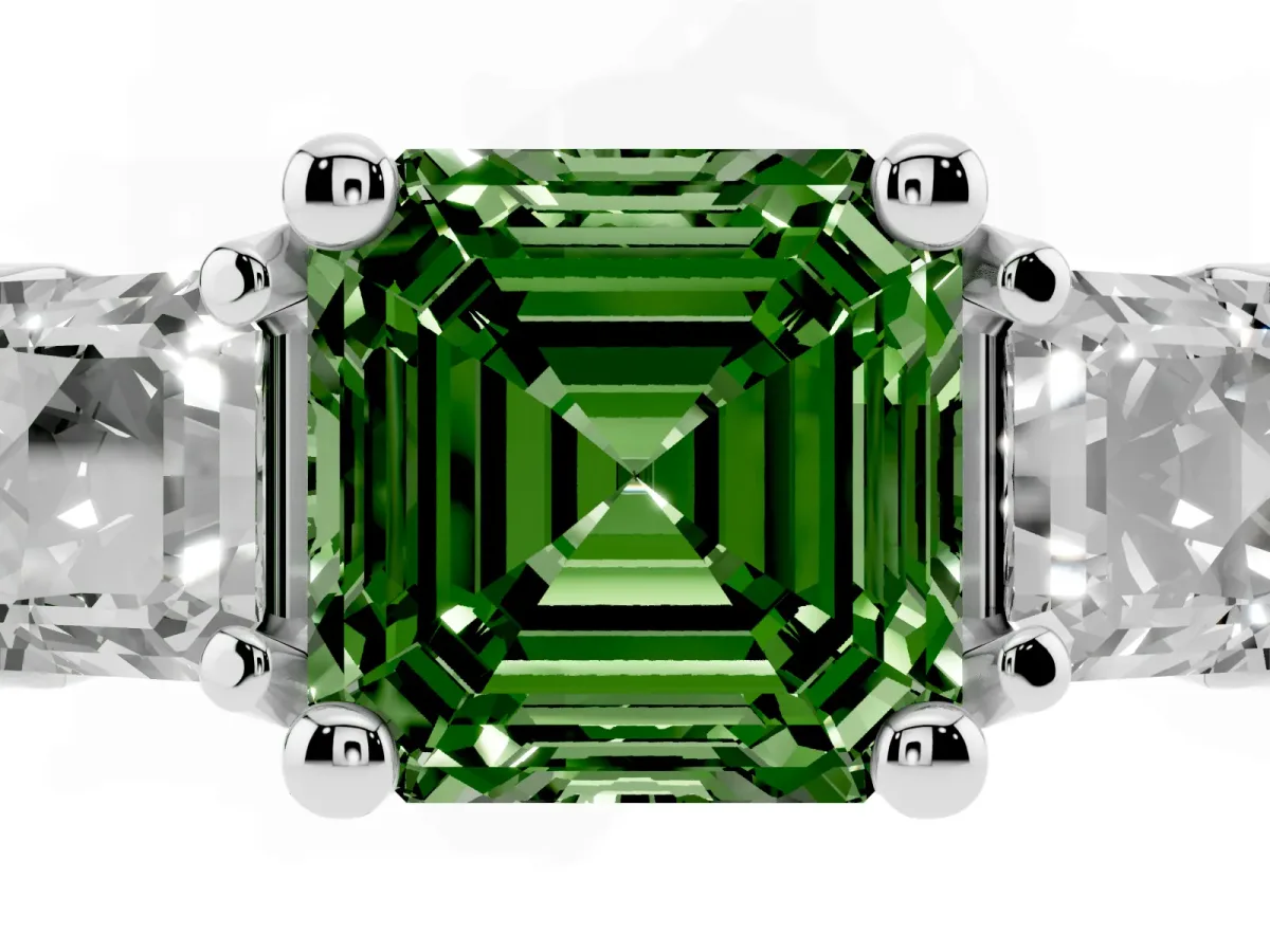 Fancy Green Asscher Cut Diamond Three-Stone Ring with Channel Set Band and Four-Prong Setting Silver
