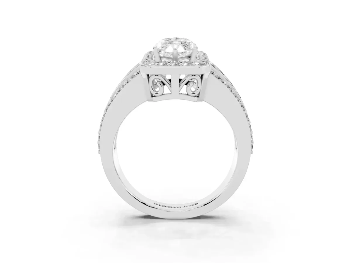 Marquise Cut Halo Diamond Ring with Round Split Shank and Prong Setting Silver