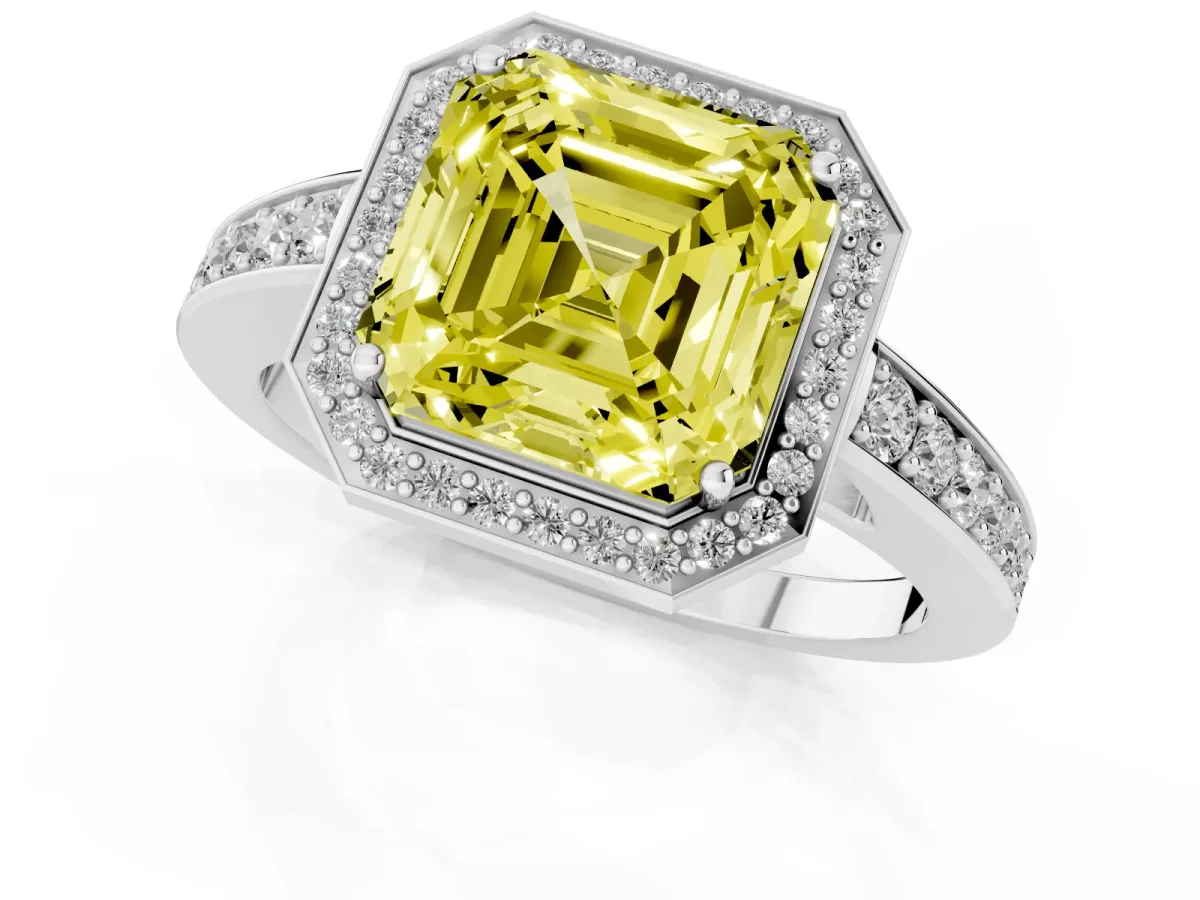 Fancy Yellow Asscher Cut Halo Pavé Diamond Engagement Ring with Bezel Setting Silver