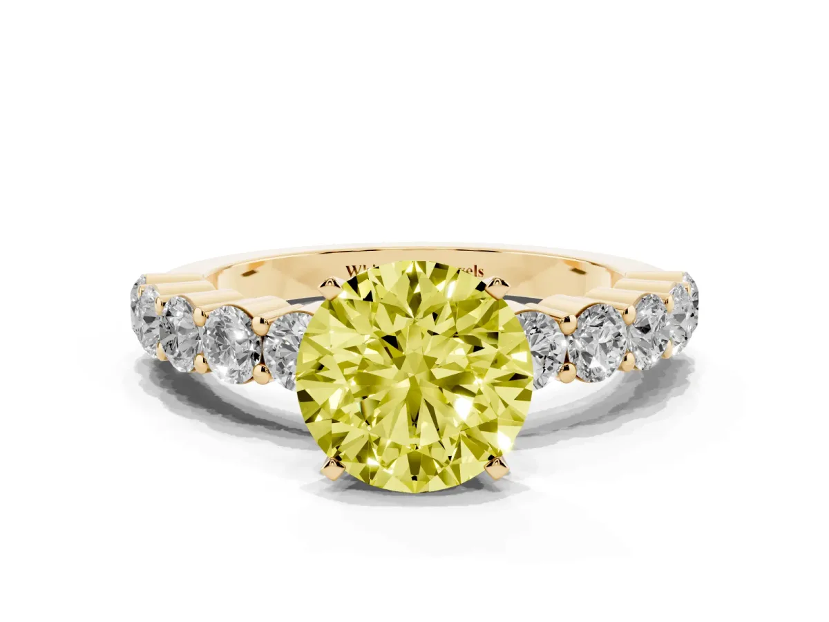Fancy Yellow Round Cut Diamond Solitaire Ring with Shared Prong Round Side Stones Yellow gold