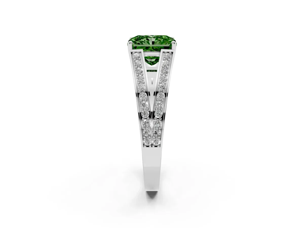 Fancy Green Radiant Cut Diamond Split Shank Ring with Pavé Band and Four-Prong Setting Platinum