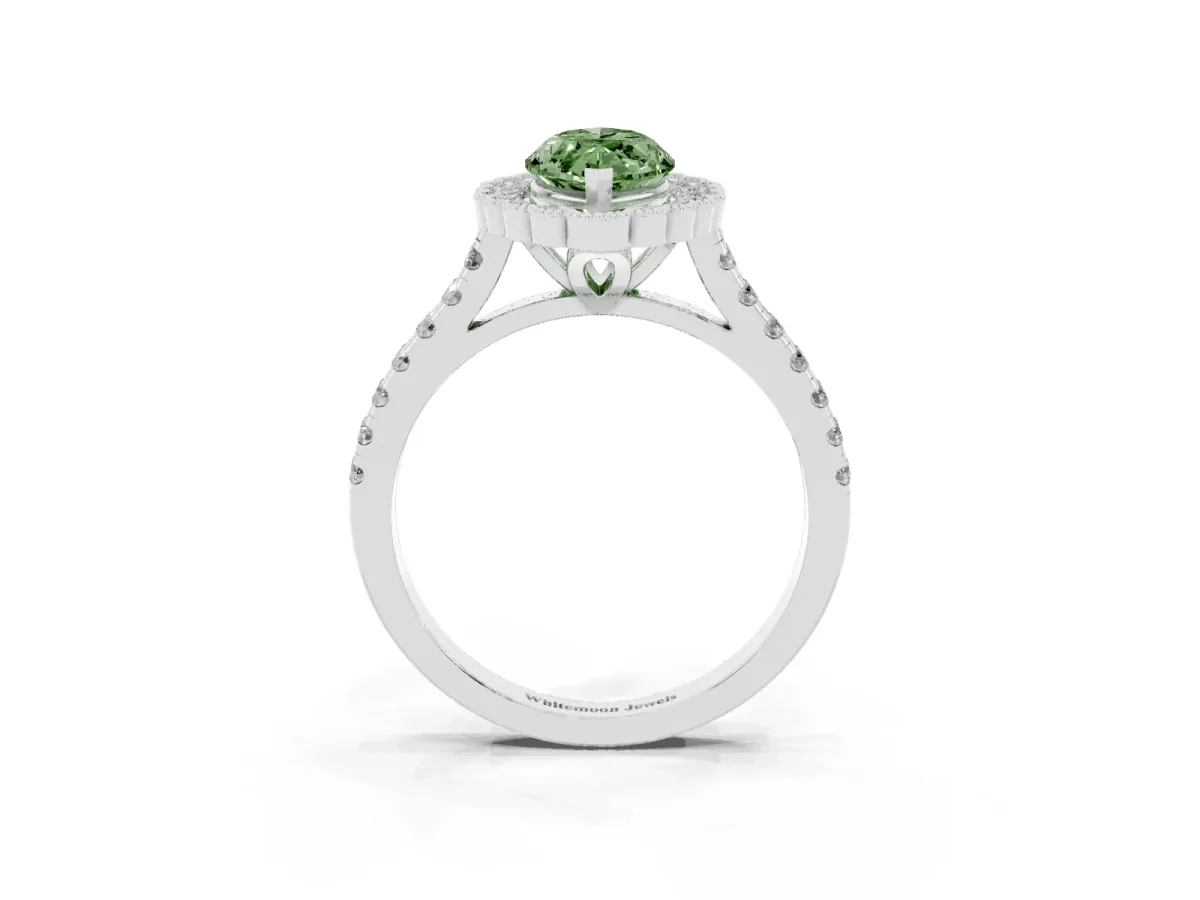 Fancy Green Marquise Cut Cut Diamond Milgrain Floral Halo Engagement Ring with Pavé Band White gold