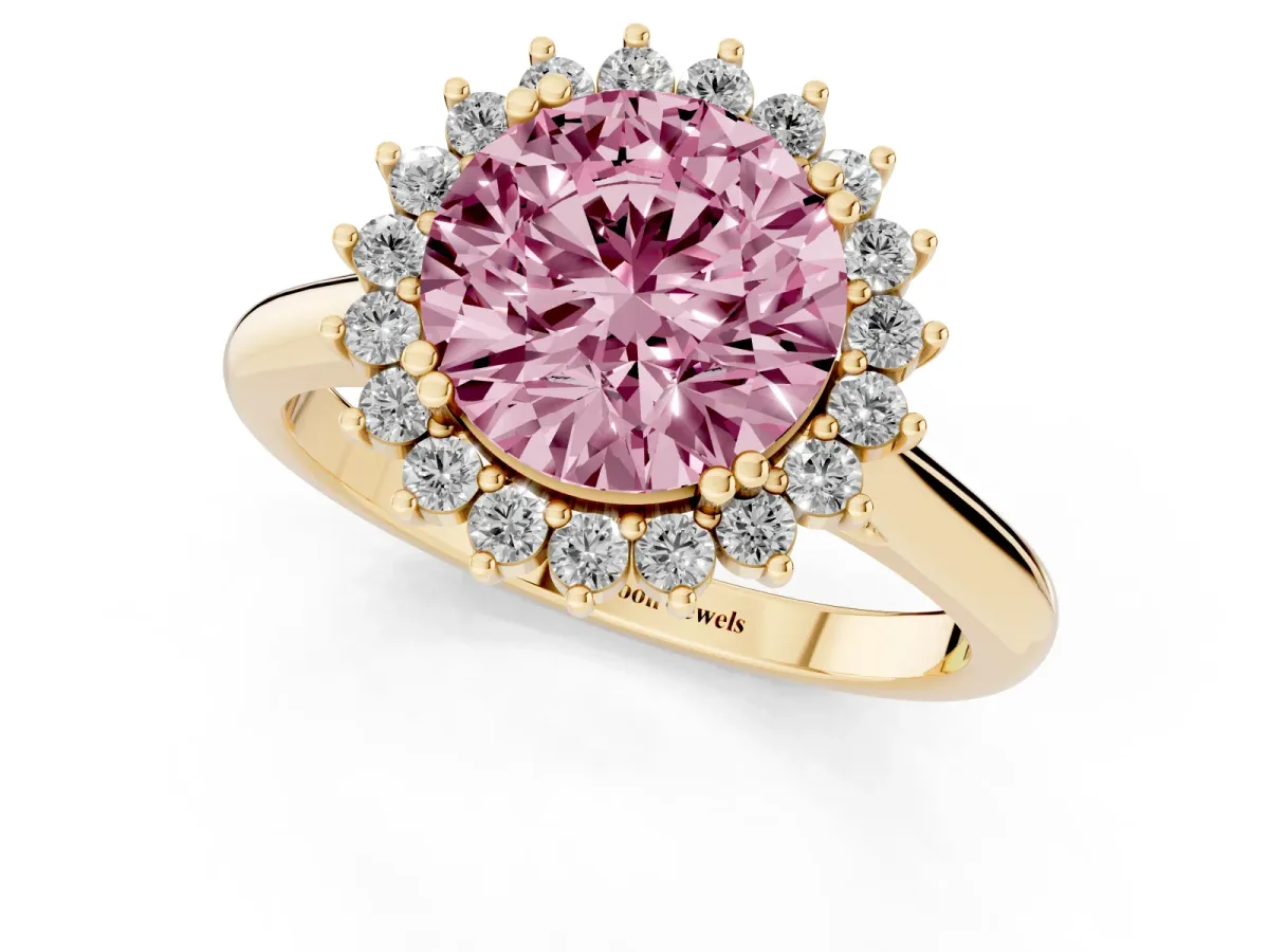 Fancy Pink Round Cut Cut Diamond Halo Ring with Solitaire Band and Prong Setting Yellow gold