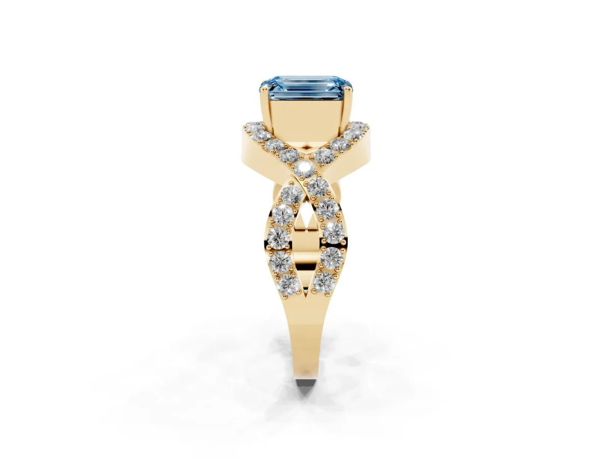 Fancy Blue Emerald Cut Solitaire Twist Band Pavé Diamond Engagement Ring Yellow gold
