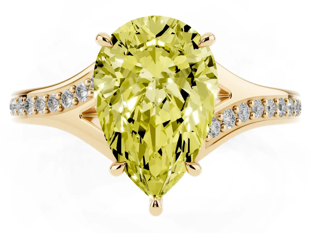 Fancy Yellow Pear Cut Diamond Solitaire Ring with Pavé Band and Prong Setting Yellow gold