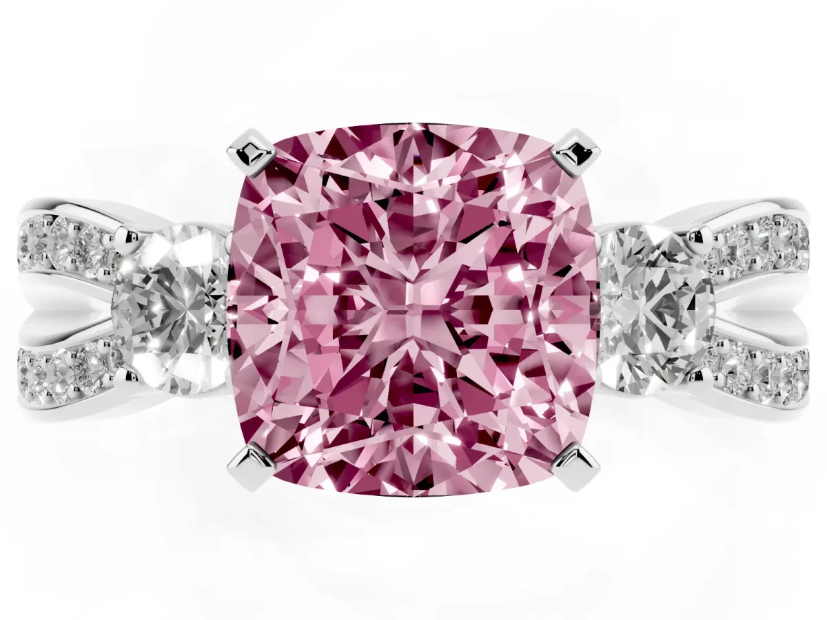 Fancy Pink Three-Stone Cushion Cut Cut Diamond Twist Band with Prong Setting Silver