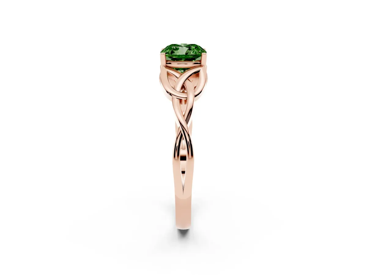 Fancy Green Cushion Cut Diamond Solitaire Engagement Ring with Celtic Knot Band and Four-Prong Setting Rose gold