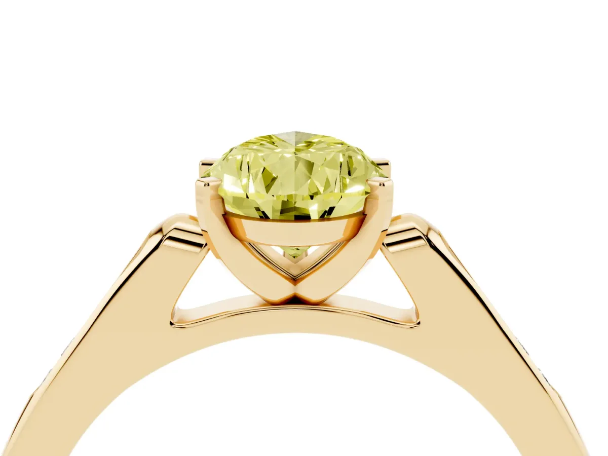 Fancy Yellow Pear Cut Diamond Solitaire Ring with Channel Set Round Band and Prong Setting Yellow gold