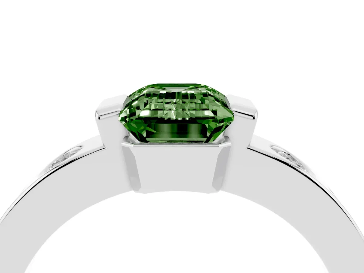 Fancy Green Emerald Cut Brilliant Channel-Set Diamond Ring with Bezel Prong Setting Platinum