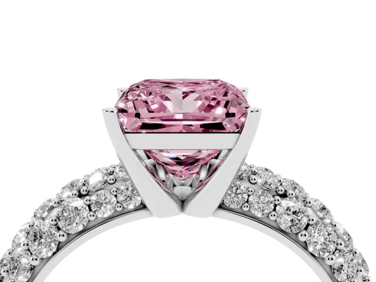 Fancy Pink Princess Cut Diamond Pavé Band Solitaire Ring with Four-Prong Setting Silver
