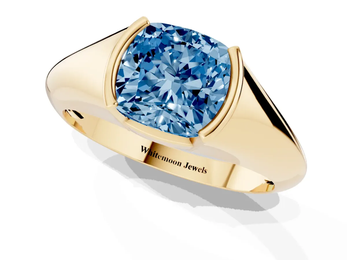 Fancy Blue Cushion Cut Solitaire Tension Set Diamond Ring Yellow gold