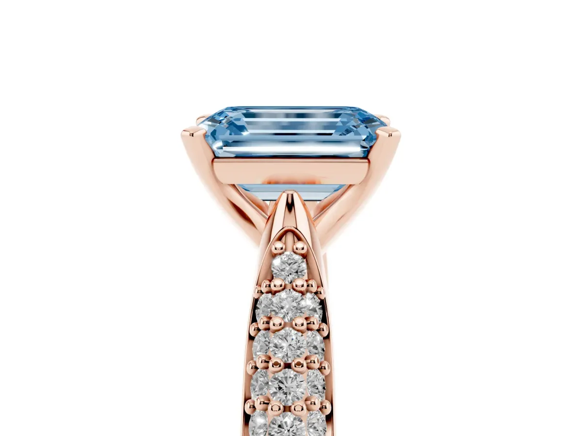 Fancy Blue Emerald Cut Diamond Solitaire Engagement Ring with Multi-Row Round Pavé Band and Prong Setting Rose gold
