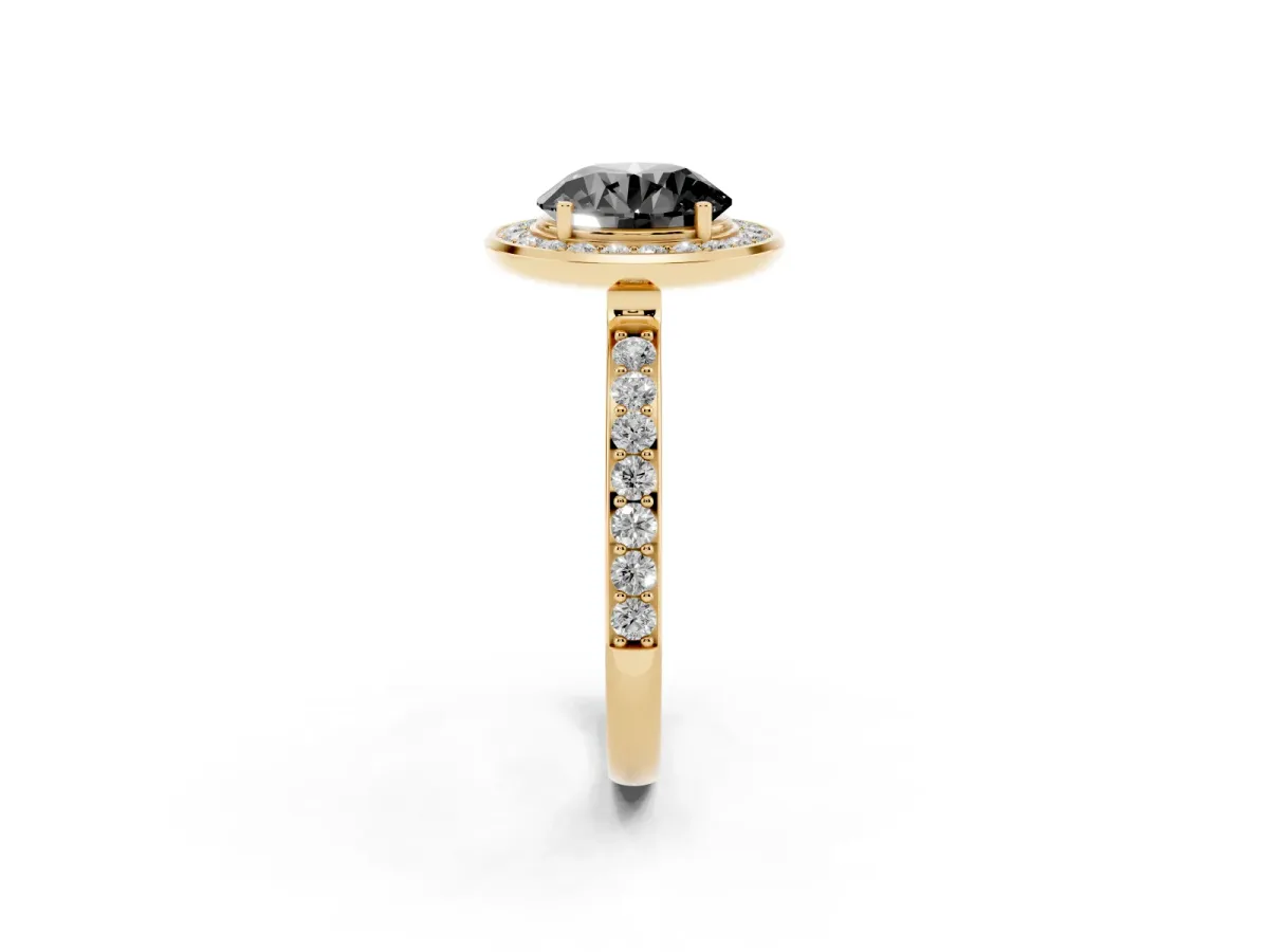 Fancy Black Round Cut Diamond Halo Ring with Bezel Frame and Pavé Band Yellow gold