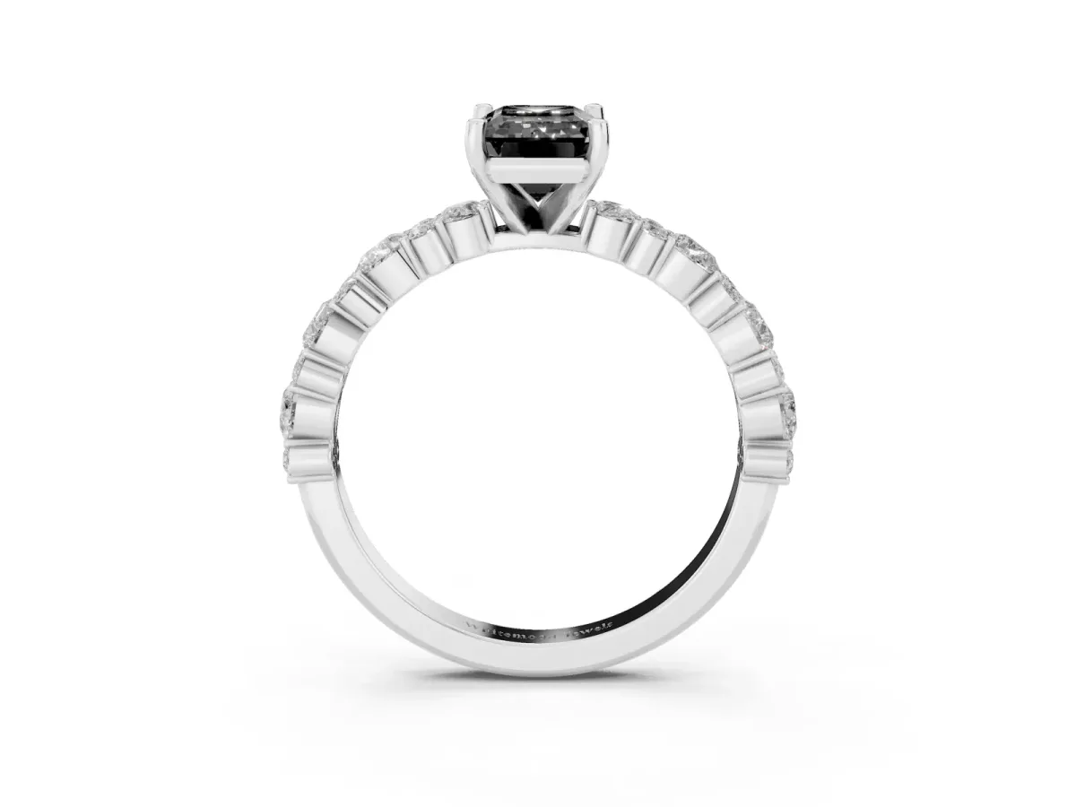 Fancy Black Emerald Cut Diamond Side Stone Solitaire Ring with Round and Four-Prong Setting Silver