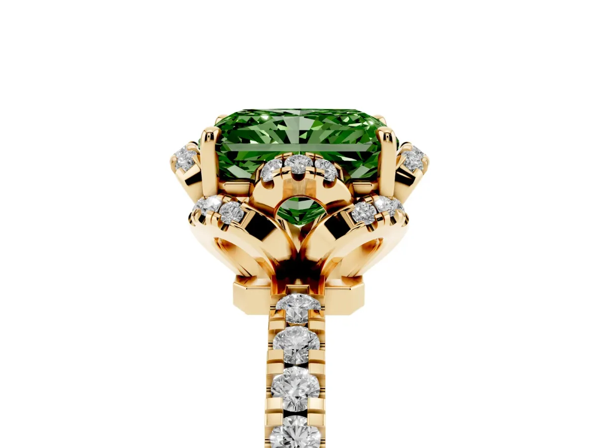Fancy Green Radiant Cut Halo Diamond Pave Band Ring with Four-Prong Setting Yellow gold