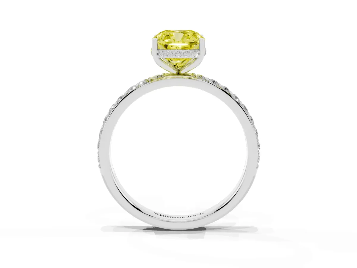 Fancy Yellow Cushion Cut Diamond Solitaire Ring with Pavé Band and Hidden Halo White gold
