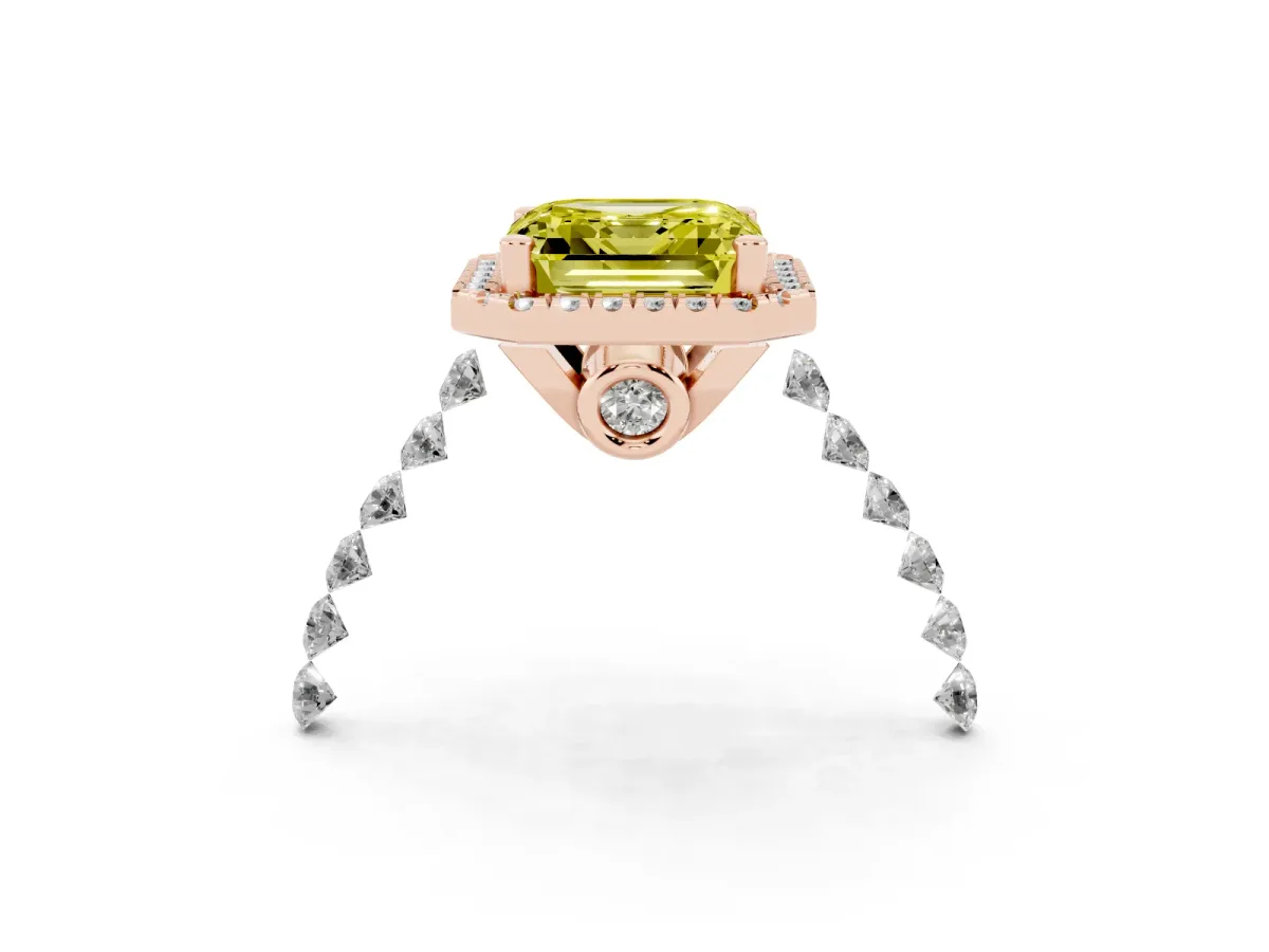 Fancy Yellow Asscher Cut Halo Pavé Diamond Engagement Ring with Four-Prong Setting Rose gold