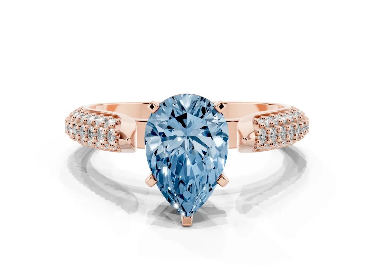 Fancy Blue Pear Cut Diamond Solitaire Engagement Ring with Multi-Row Round Pavé Band and Prong Setting Rose gold