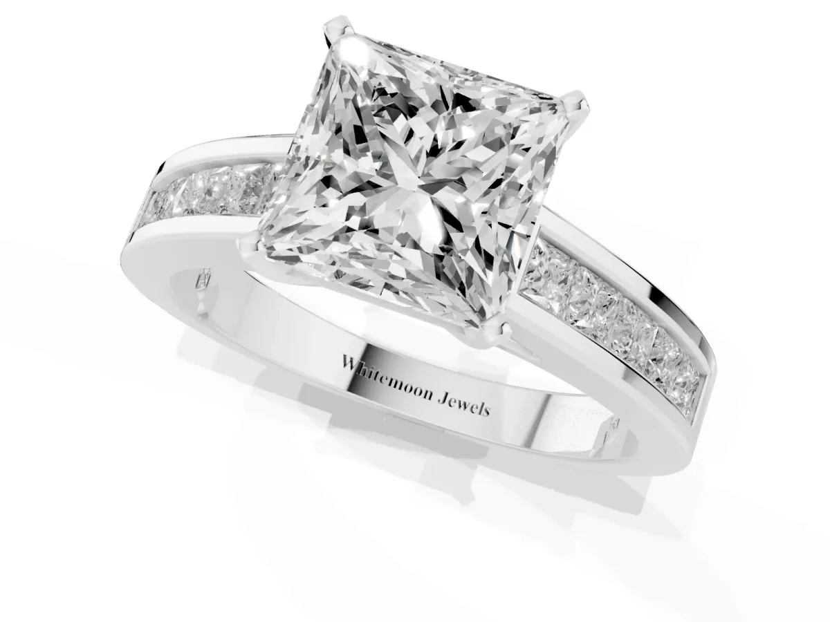 Princess Cut Solitaire Diamond Ring with Channel-Set Band and Four-Prong Setting Silver