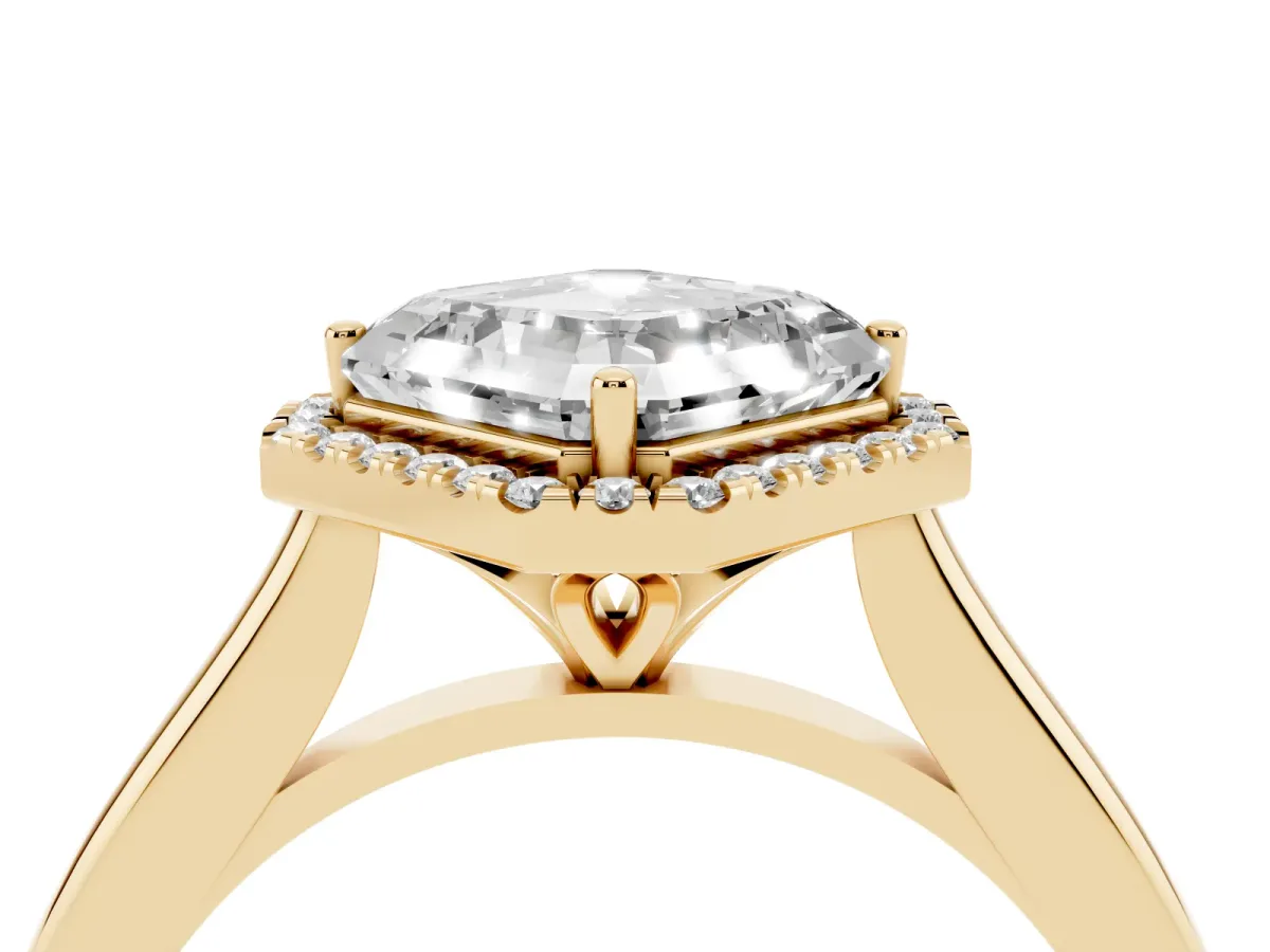 Asscher Cut Halo Round Diamond Solitaire Engagement Ring with Pave Band and Four-Prong Setting Yellow gold