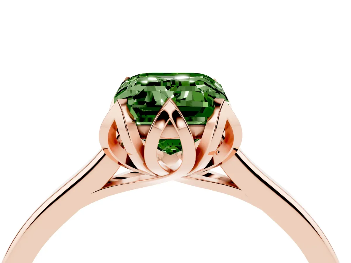 Fancy Green Emerald Cut Diamond Solitaire Ring with Flower Prong Setting and Classic Band Rose gold
