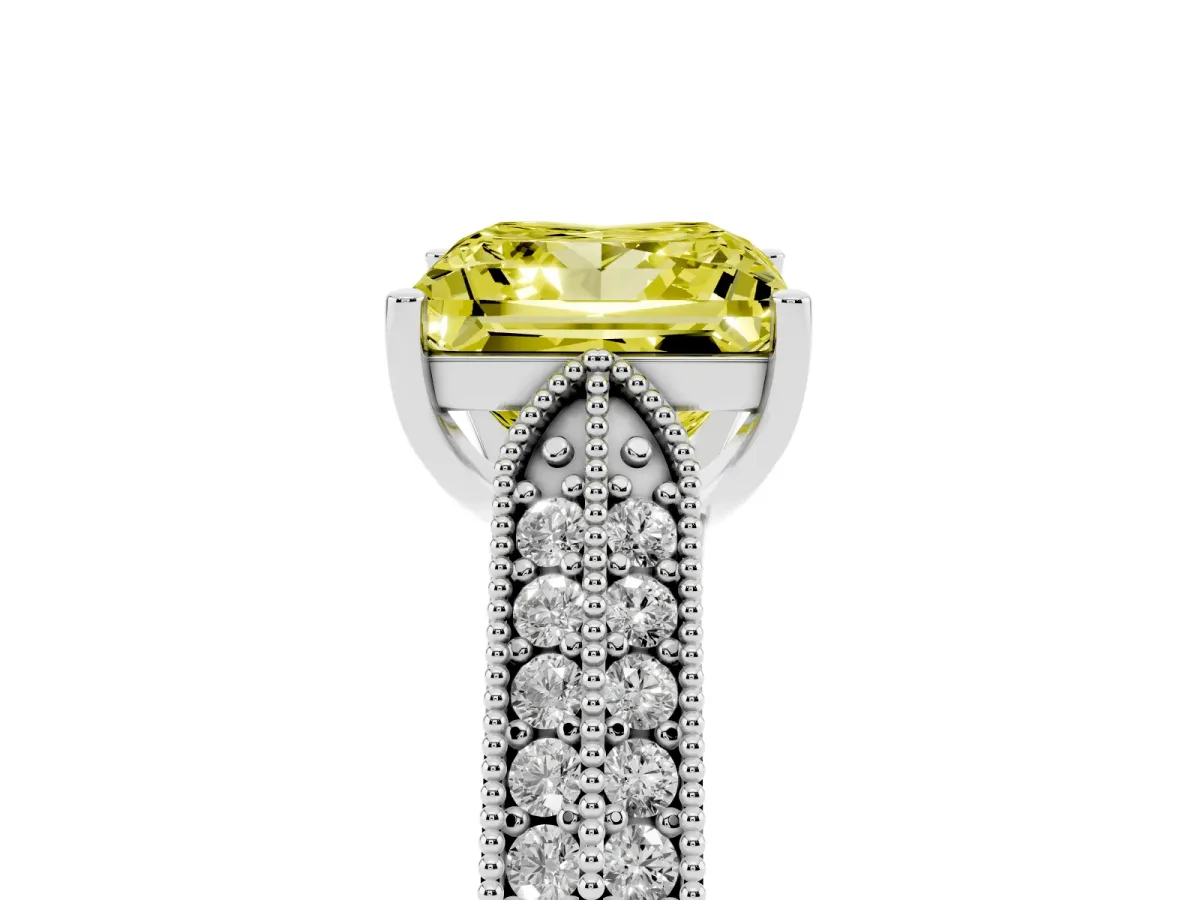 Fancy Yellow Princess Cut Cut Pave Split Shank Engagement Ring with Four-Prong Setting White gold