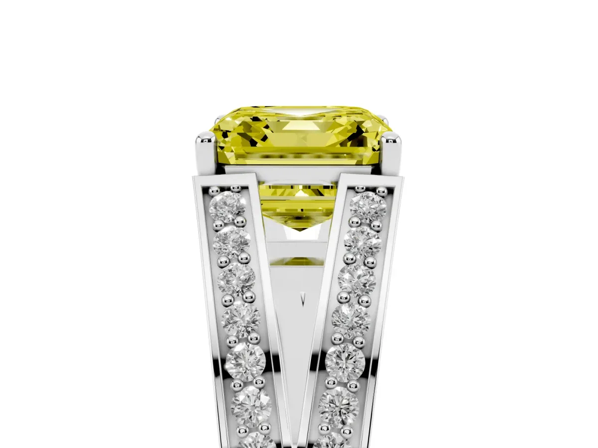 Fancy Yellow Asscher Cut Diamond Split Shank Ring with Pavé Band and Four-Prong Setting White gold