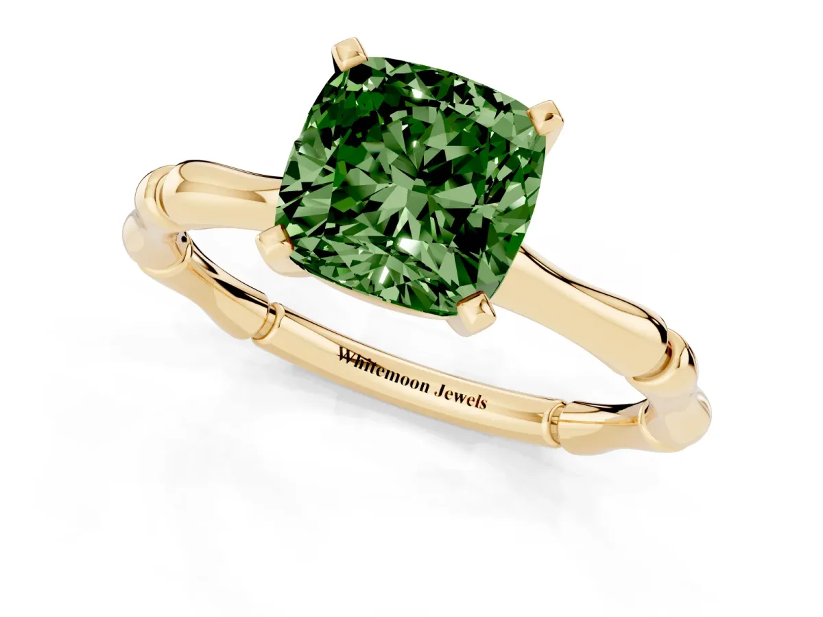 Fancy Green Cushion Cut Solitaire Diamond Ring with Bamboo Band and Four-Prong Setting Yellow gold