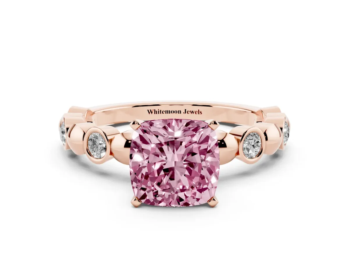 Fancy Pink Cushion Cut Solitaire Bezel-Set Diamond Ring with Beaded Band and Four-Prong Setting Rose gold