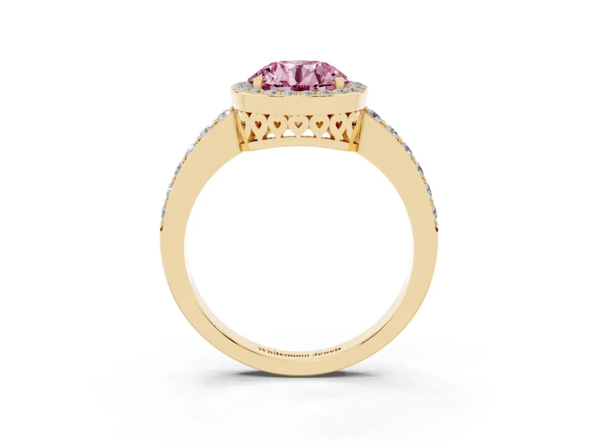 Fancy Pink Round Cut Halo Diamond Pavé Band Ring with Prong Setting Yellow gold
