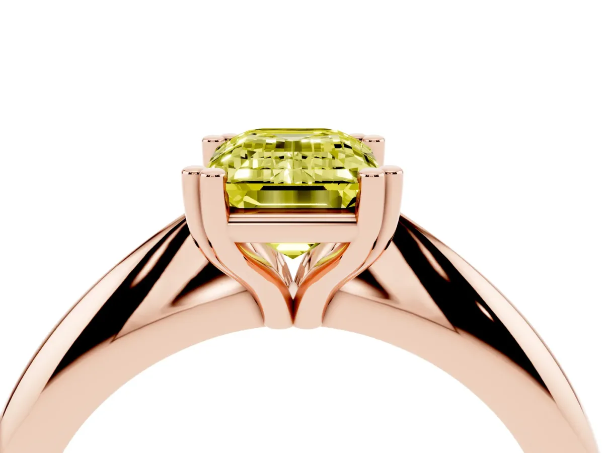 Fancy Yellow Emerald Cut Cut Solitaire Engagement Ring with Tapered Band and Four-Prong Setting Rose gold