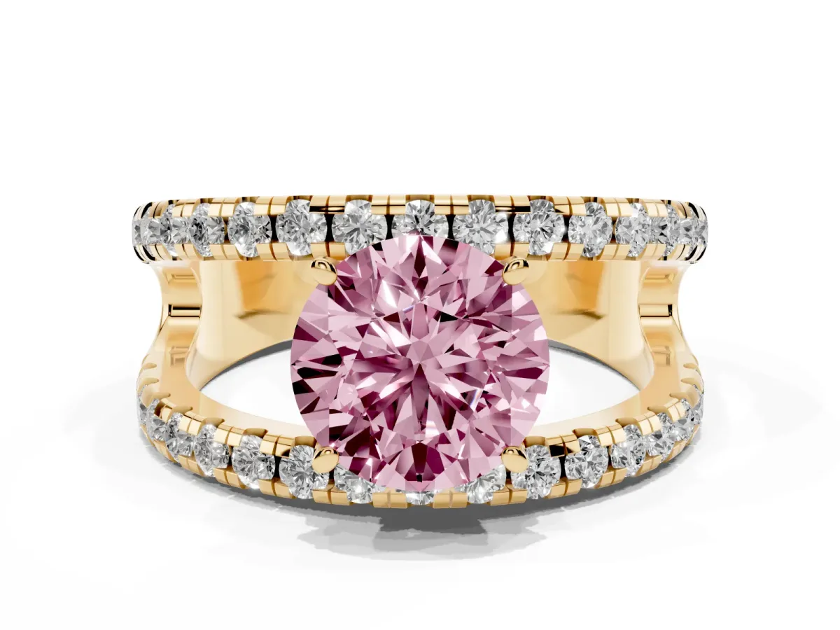 Fancy Pink Round Cut Solitaire Split Shank Pave Diamond Ring Yellow gold