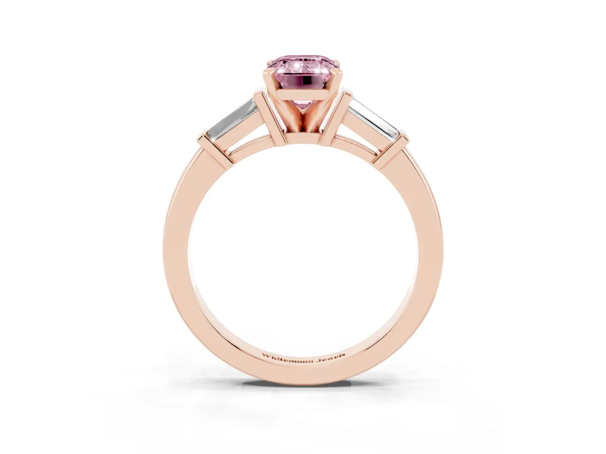Fancy Pink Emerald Cut Cut Diamond Solitaire Ring with Tapered Baguette Accents and Four-Prong Setting Rose gold