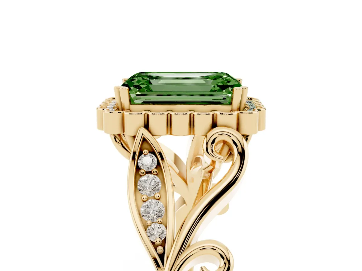 Fancy Green Emerald Cut Diamond Halo Ring with Vintage Split Shank and Four-Prong Setting Yellow gold
