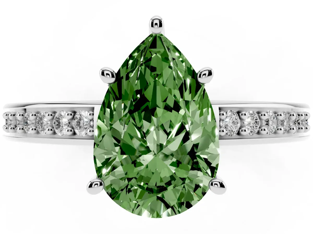 Fancy Green Pear Cut Solitaire Pavé Band Prong Setting Ring Silver