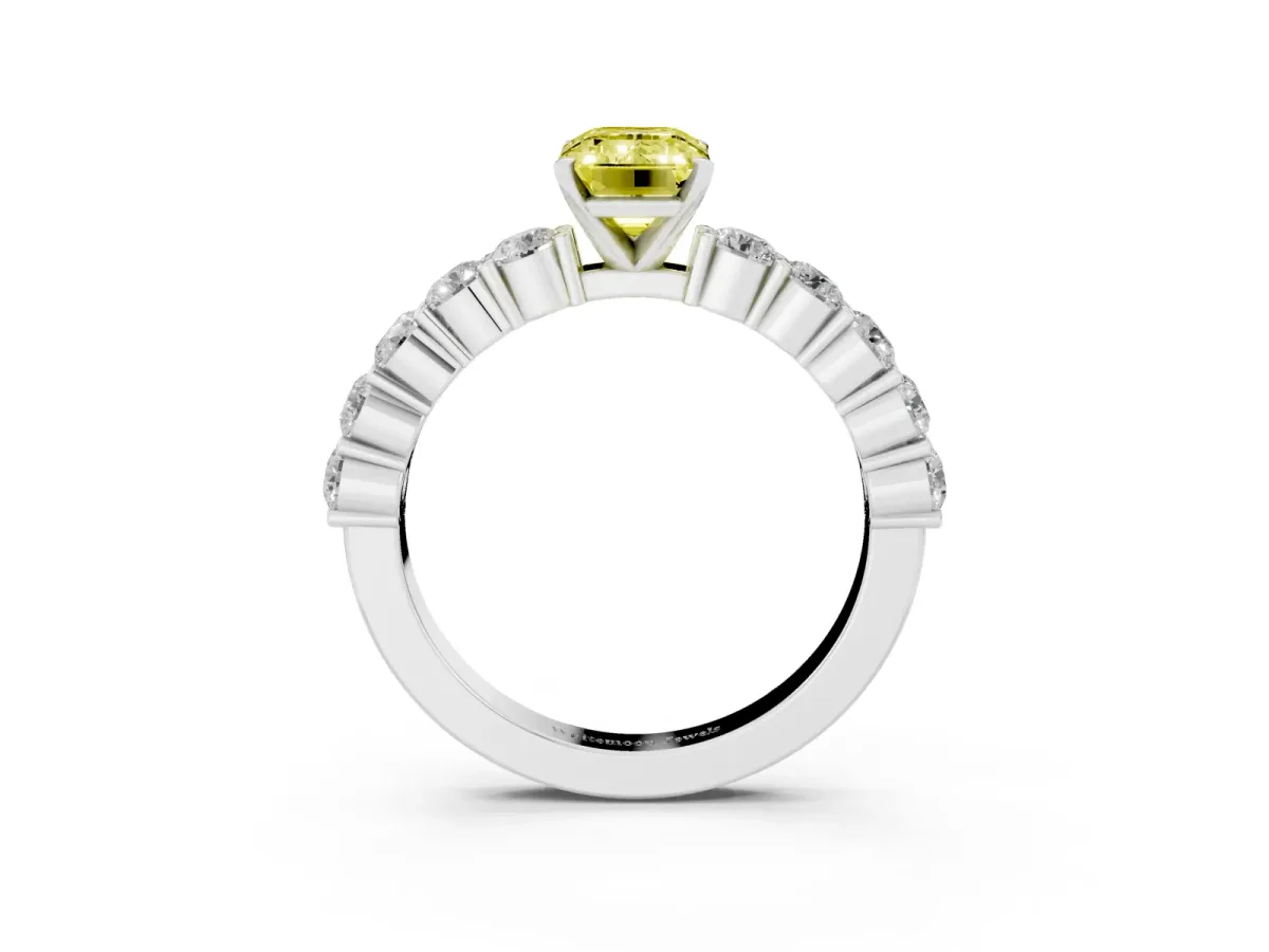 Fancy Yellow Emerald Cut Diamond Solitaire Ring with Shared Prong Round Side Stones Platinum