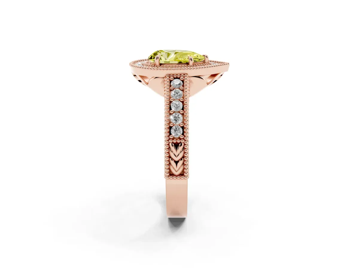 Fancy Yellow Pear Cut Cut Halo Diamond Ring with Pavé Band and Four-Prong Setting Rose gold