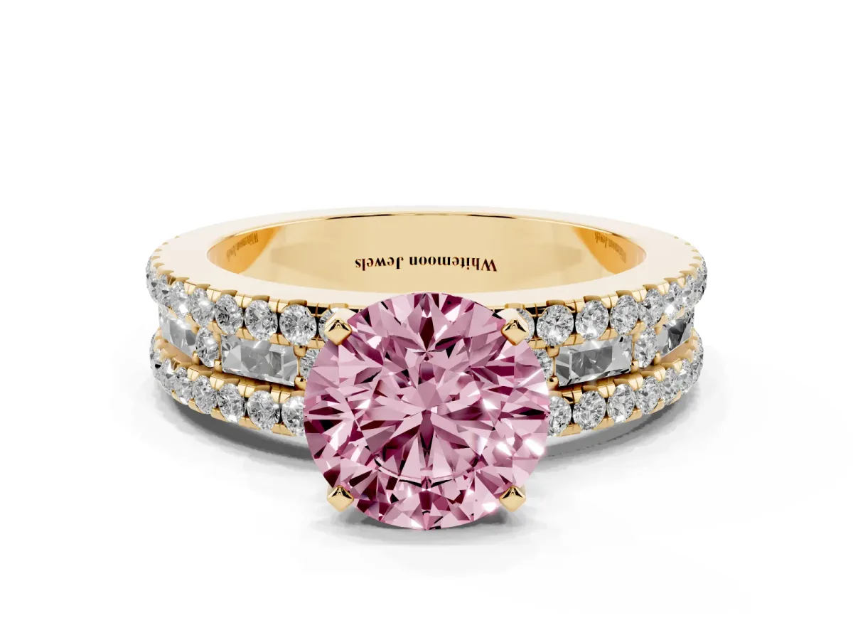 Fancy Pink Round Cut Diamond Solitaire Ring with Pavé and Channel Set Band Yellow gold
