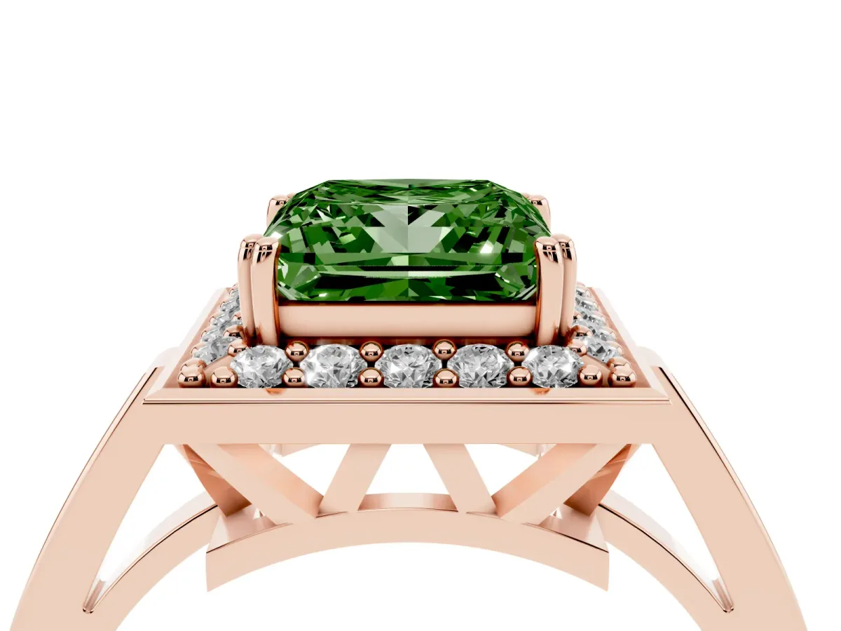 Fancy Green Princess Cut Diamond Halo Ring with Split Shank and Four-Prong Setting Rose gold